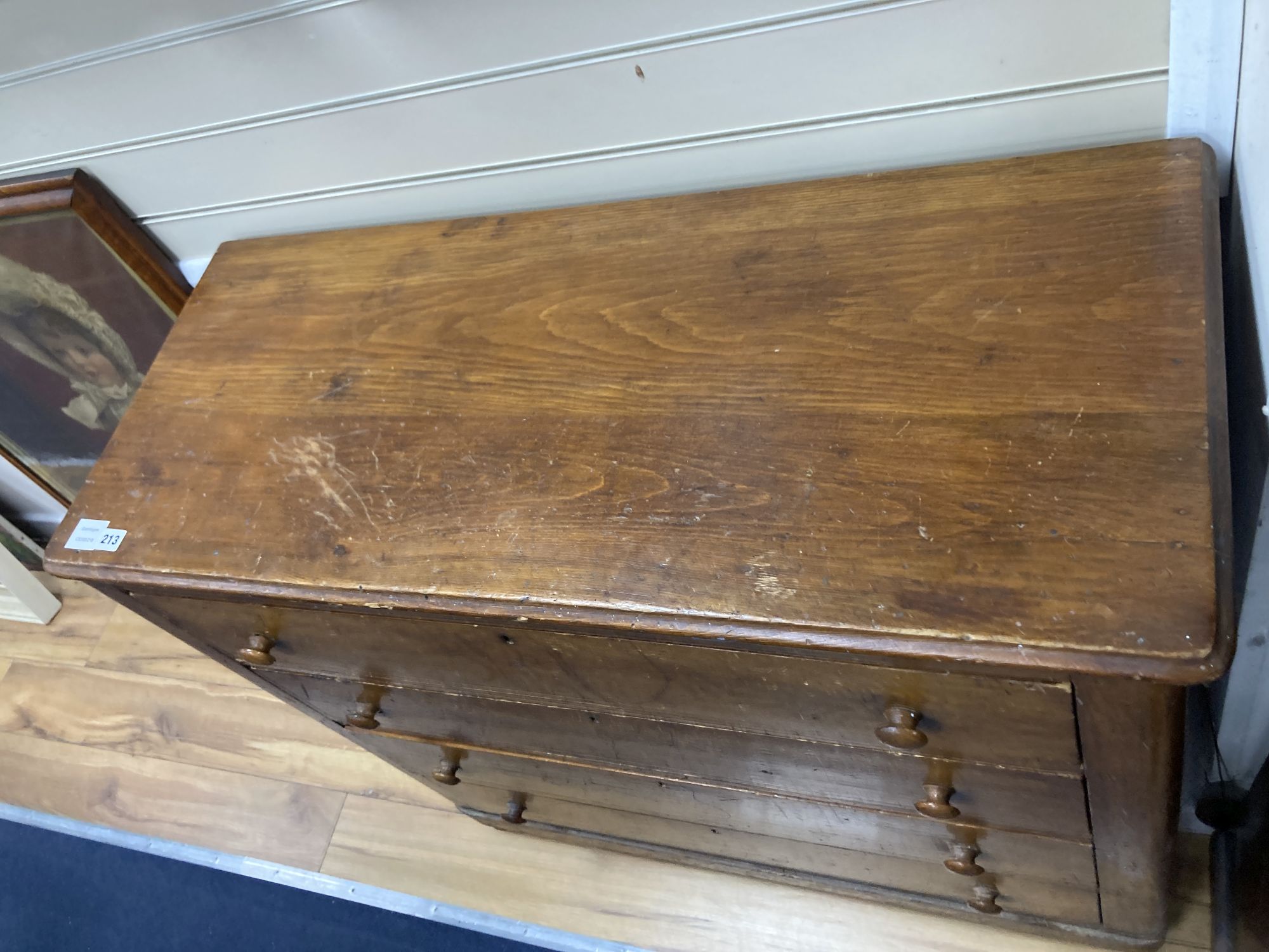A 19th century pine four drawer chest, with painted grain, width 100cm depth 42cm height 91cm